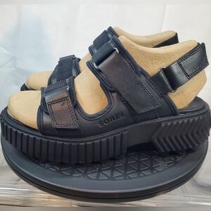 NEW Sorel Womens Ona Ave Multi Strap Black Leather Mid Sandal Chunky Sole SIZE 7